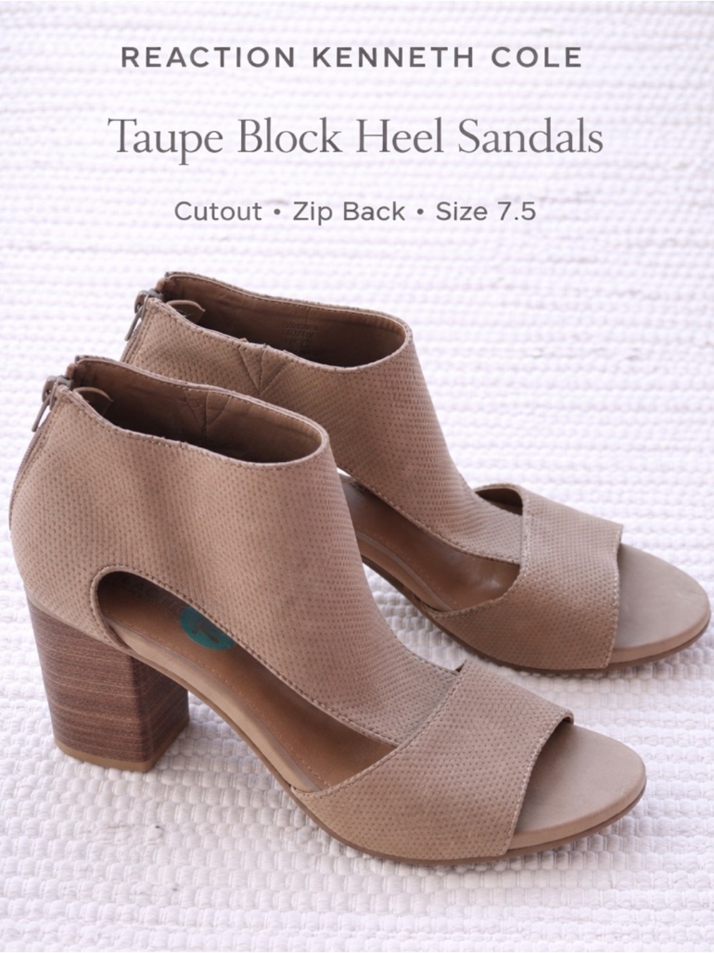 Reaction Kenneth Cole Taupe Block Heel Sandals Cutout Zip Back Size 7.5